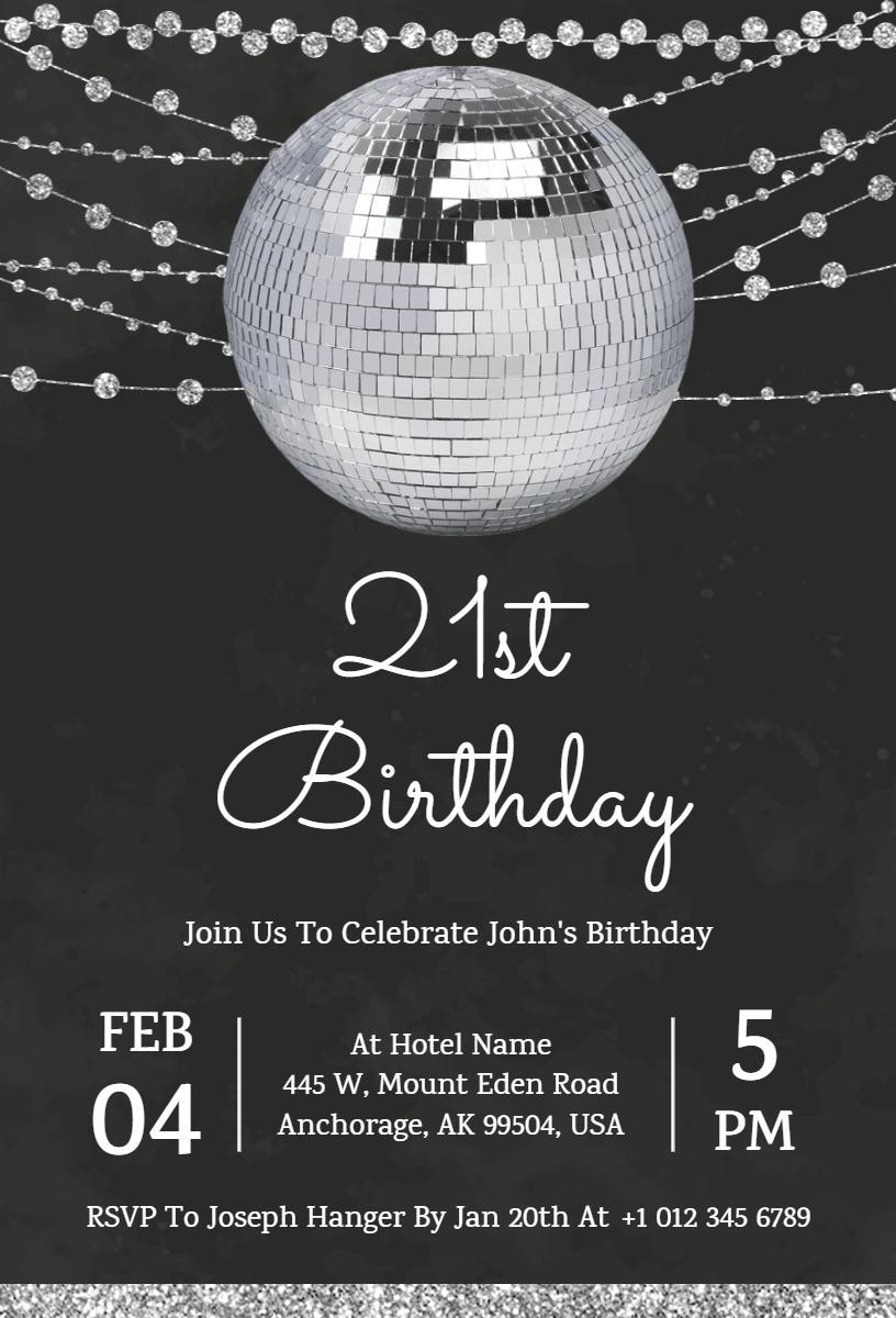 Disco Ball Glam 21st Birthday Celebration Invitation Template