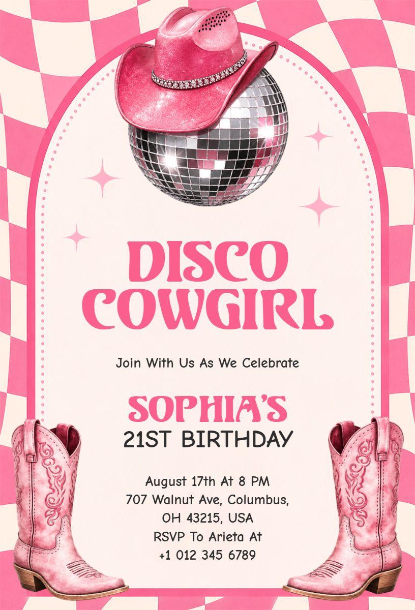 Disco Cowgirl Themed 21st Birthday Celebration Invitation Template