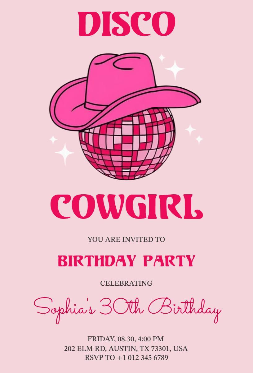 Disco Cowgirl Themed 30th Birthday Celebration Invitation Template