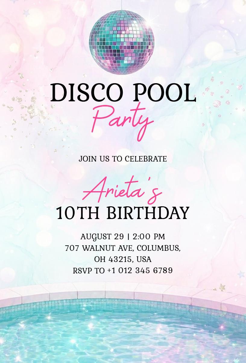 Disco Themed Pool Party 10th Birthday Invitation Template