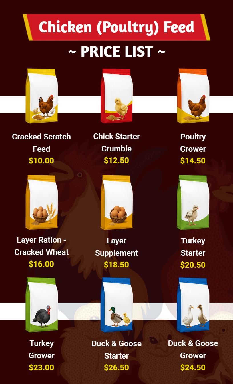 Diverse Chicken and Poultry Feeds with Starter Options Price List Template