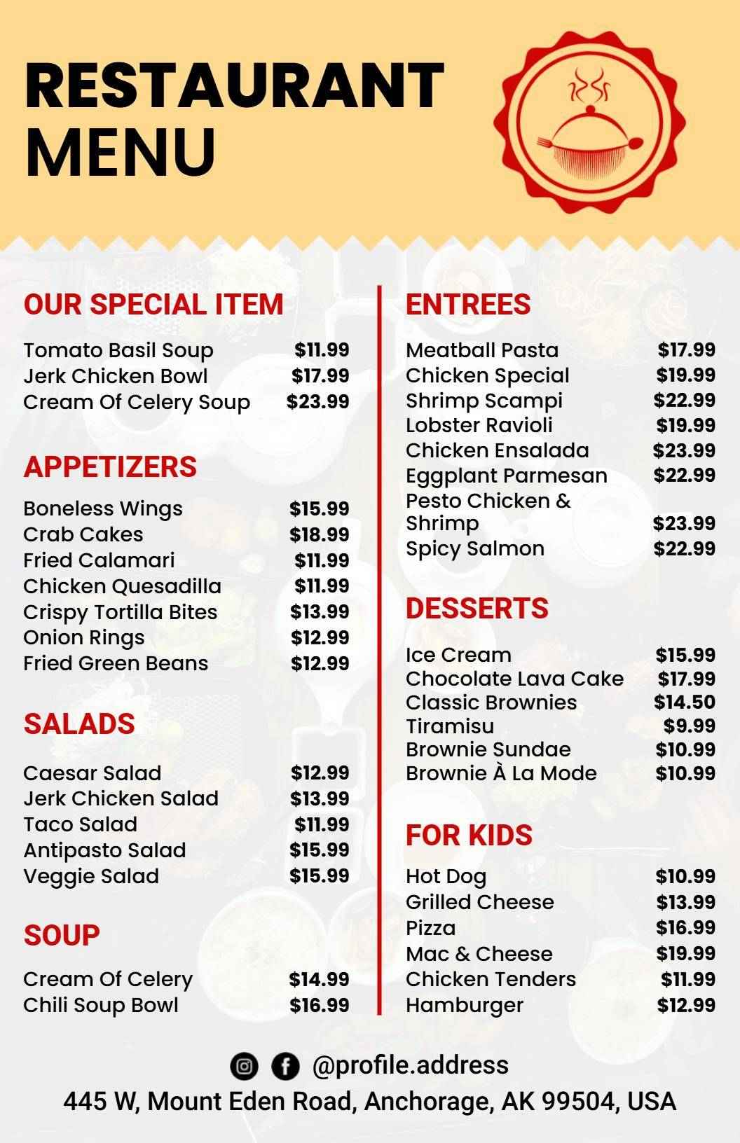 Diverse Entrees and Satisfying Desserts Selection Restaurant Menu Template