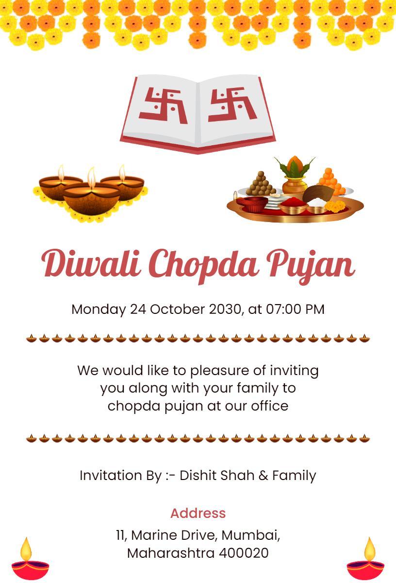 Divine Diwali Chopda Pujan Ceremony Family Invitation Template