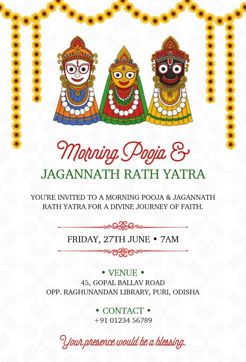 Divine Jagannath Rath Yatra Morning Pooja Invitation Template