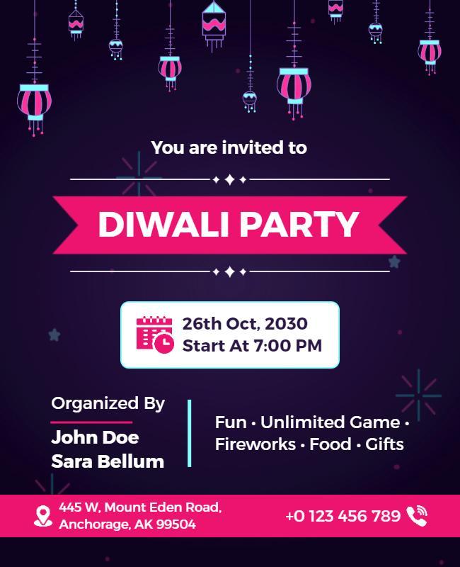 Festive Pink Diwali Party Invitation Flyer Template