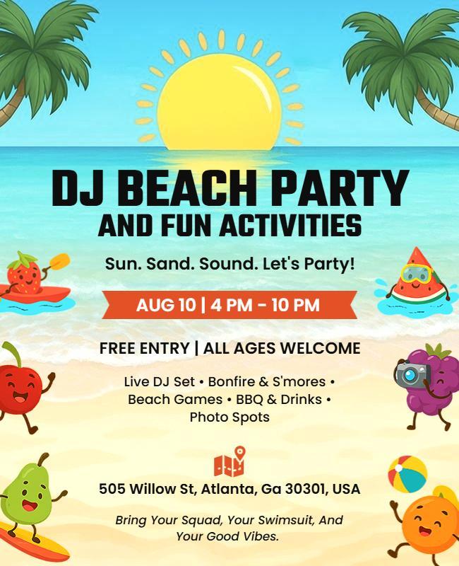 DJ Beach Party and Fun Activities Flyer Template