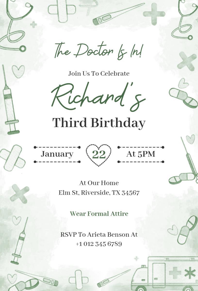 Doctor Themed Third Birthday Celebration Invitation Template