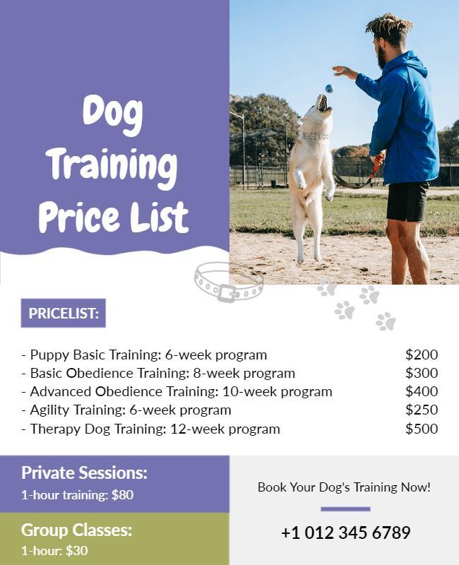 Dog Training Services Price List Flyer Template