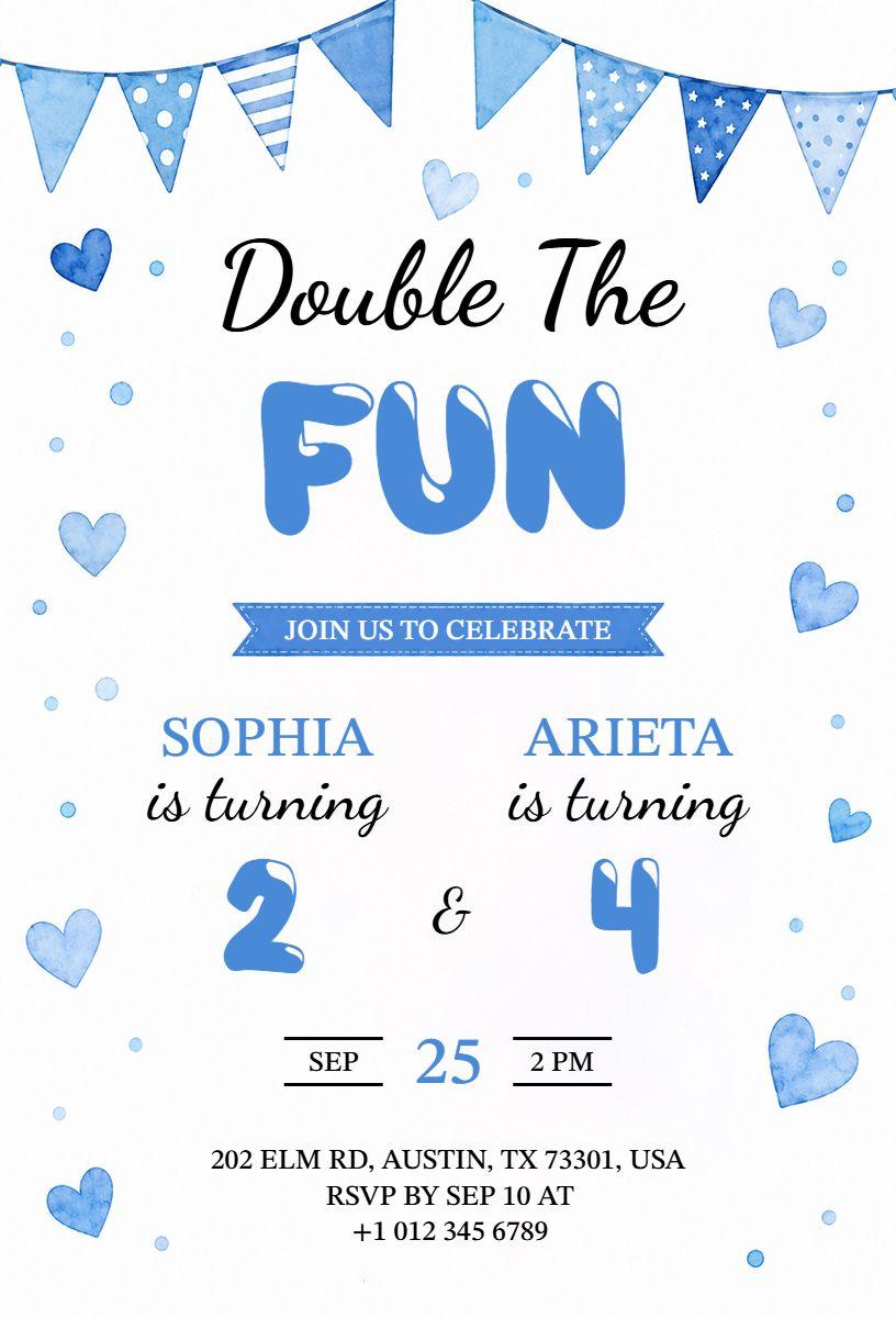Double Birthday Celebration Blue Bunting Invitation Template