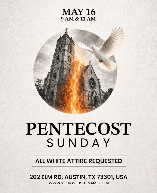Dramatic White Dove and Church Flames Pentecost Flyer Template