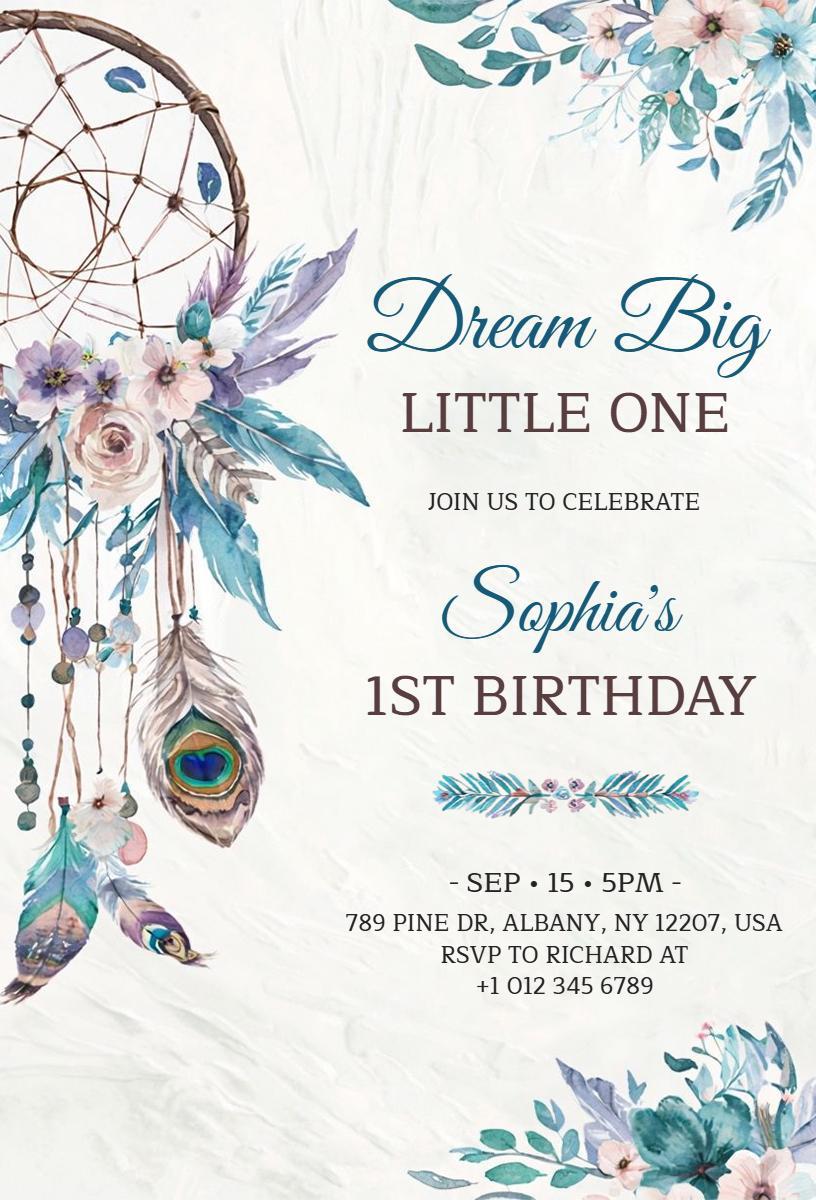 Dream Big Boho Chic 1st Birthday Celebration Invitation Template