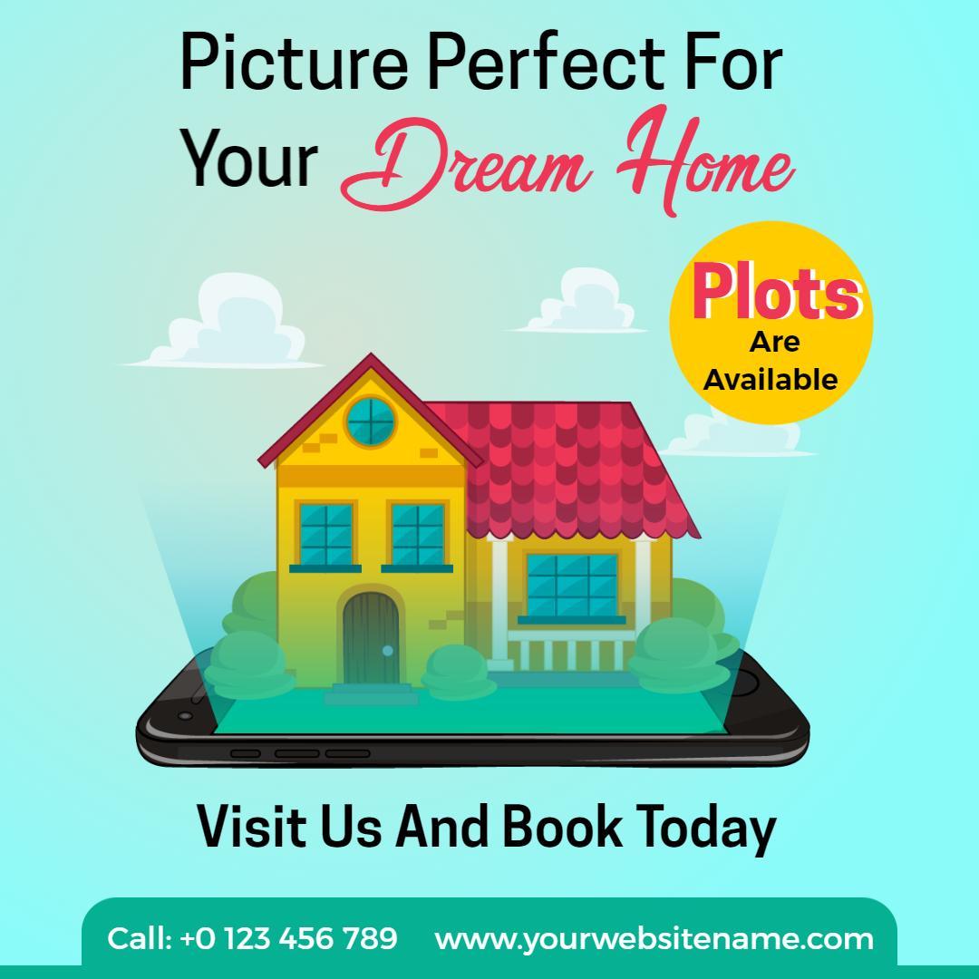 Dream Home Illustration with Available Plots Promotion Ad Template