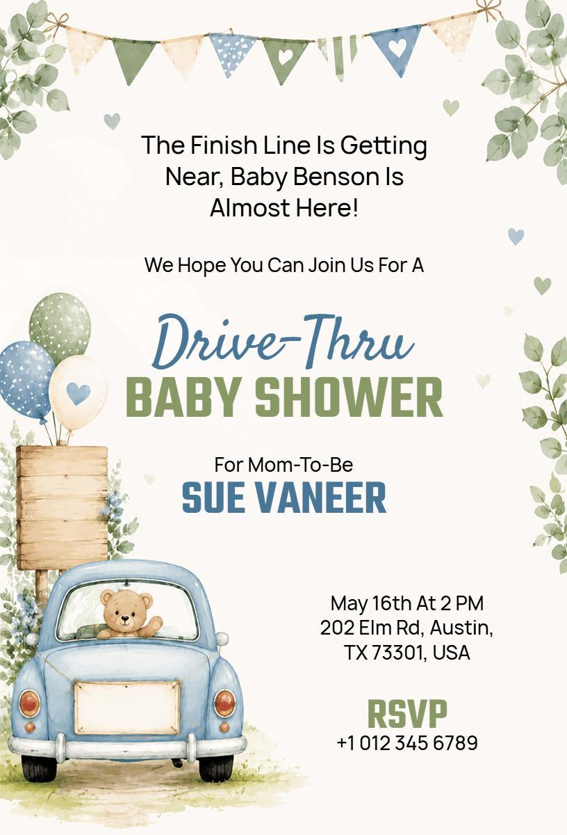 Drive-Thru Teddy Bear Themed Baby Shower Invitation Template