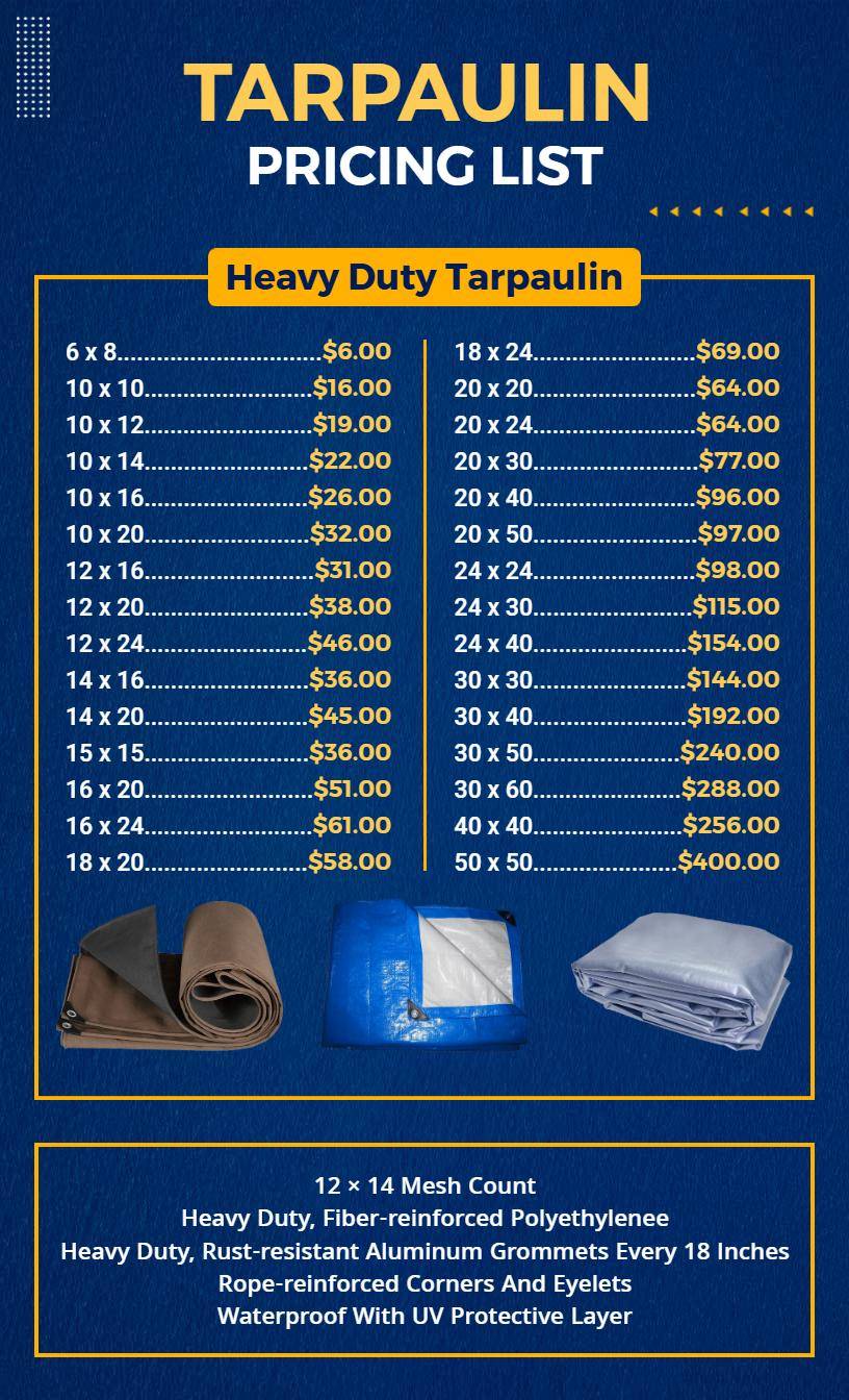 Durable Heavy Duty Waterproof Tarpaulin Options Pricing List Template