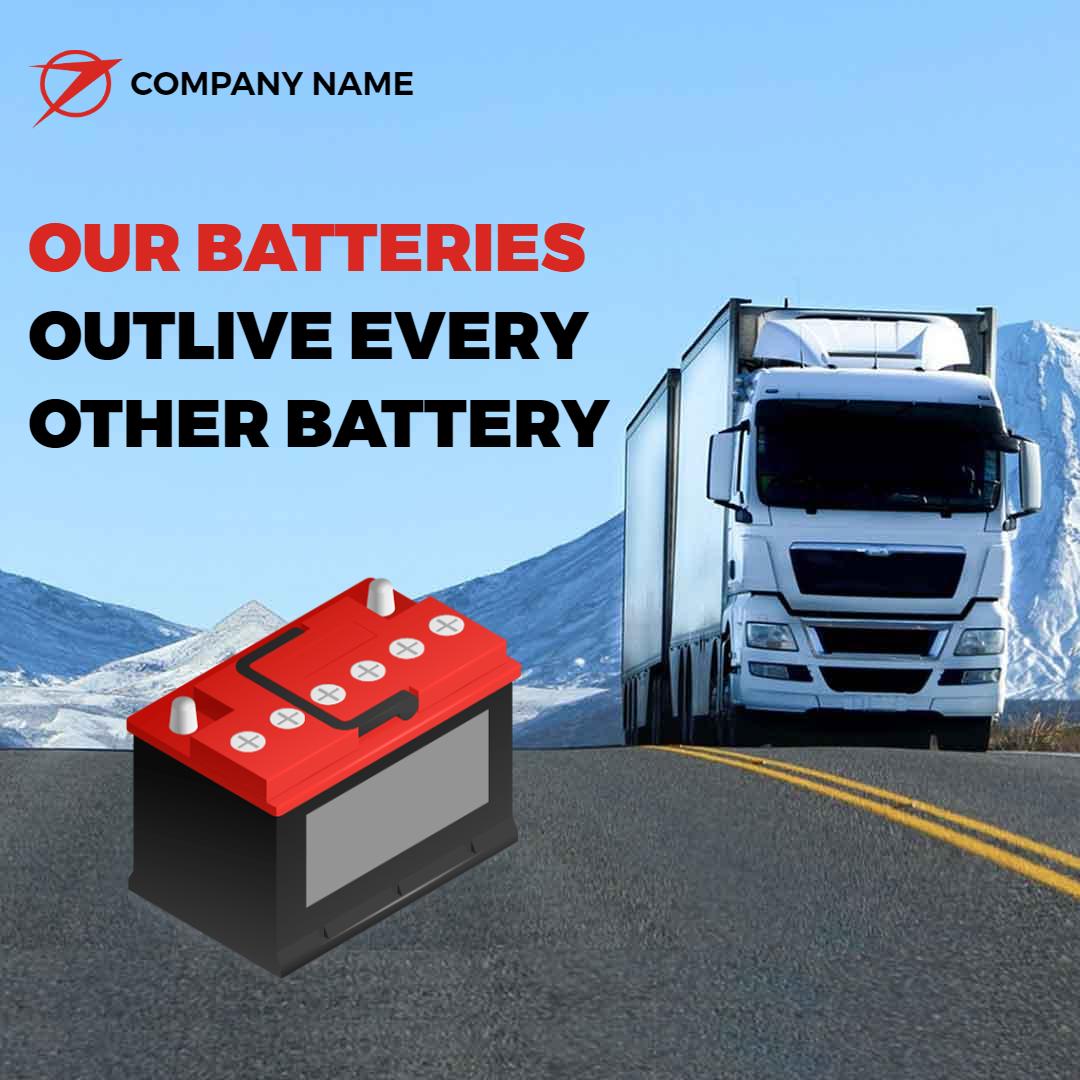 Durable Red Truck Battery for Long-Lasting Performance Ad Template