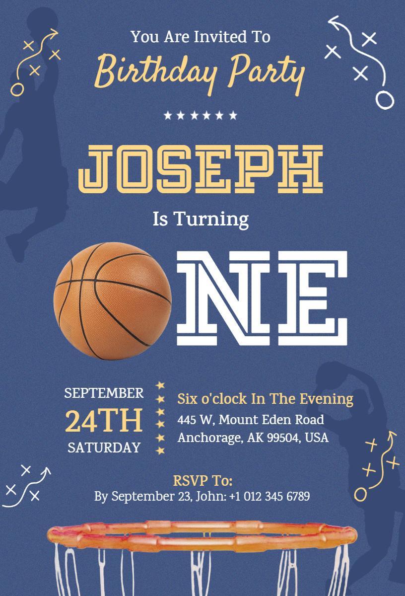 Dynamic Basketball Theme One Year Birthday Invitation Template