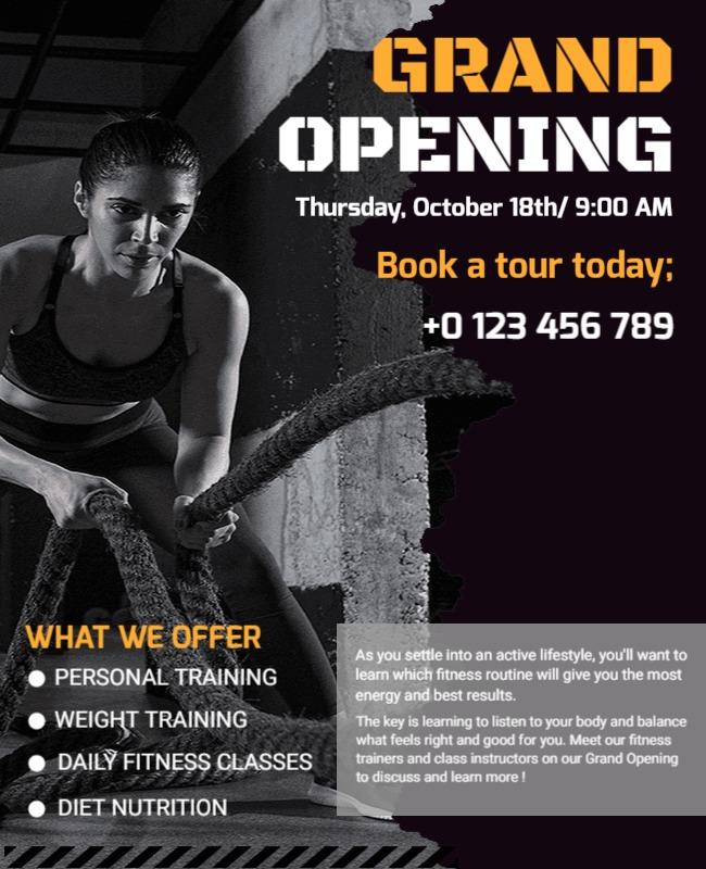 Dynamic Black and Orange Gym Grand Opening Flyer Template