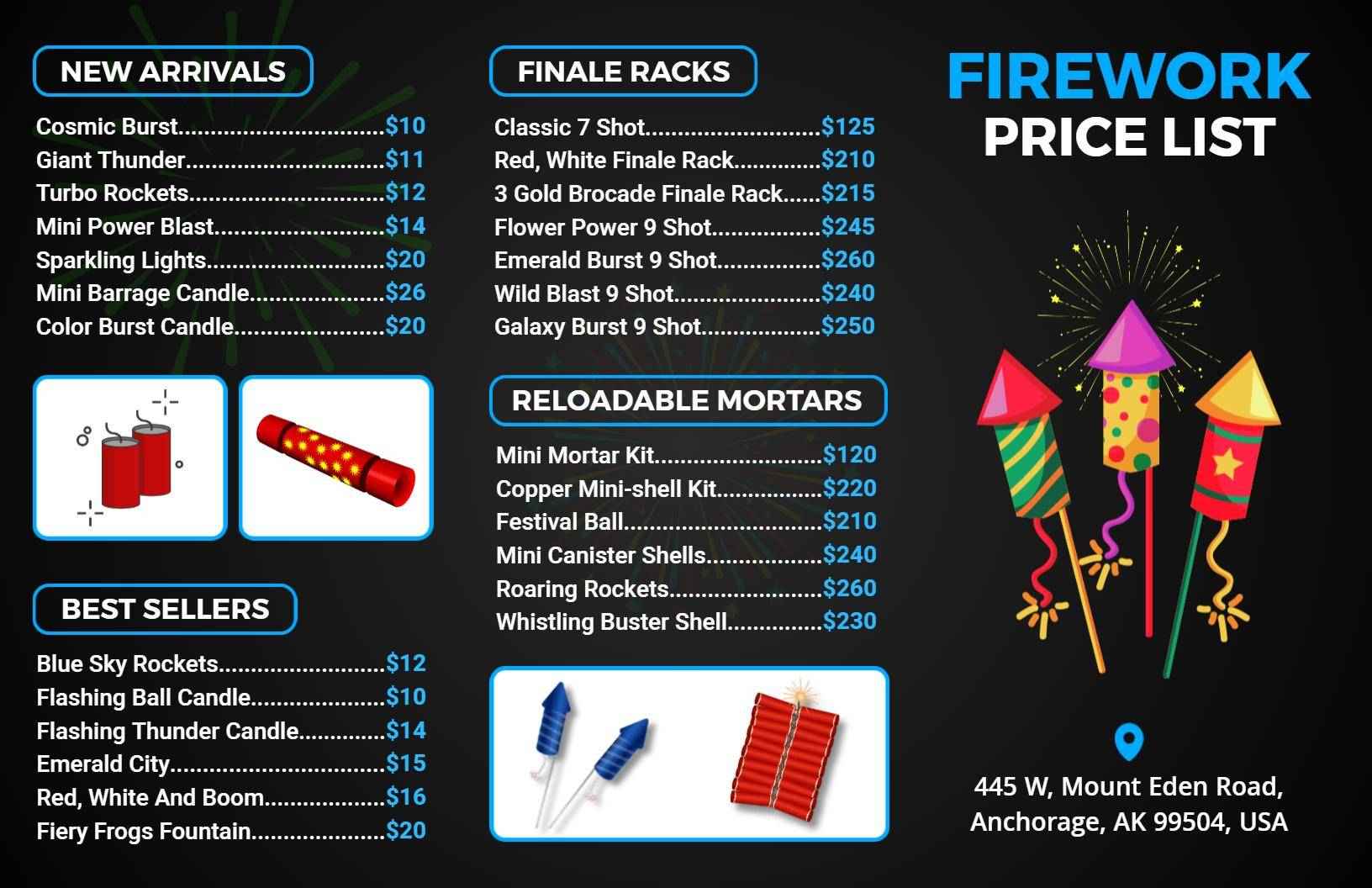 Dynamic Black and Vibrant Colors Fireworks Price List Template
