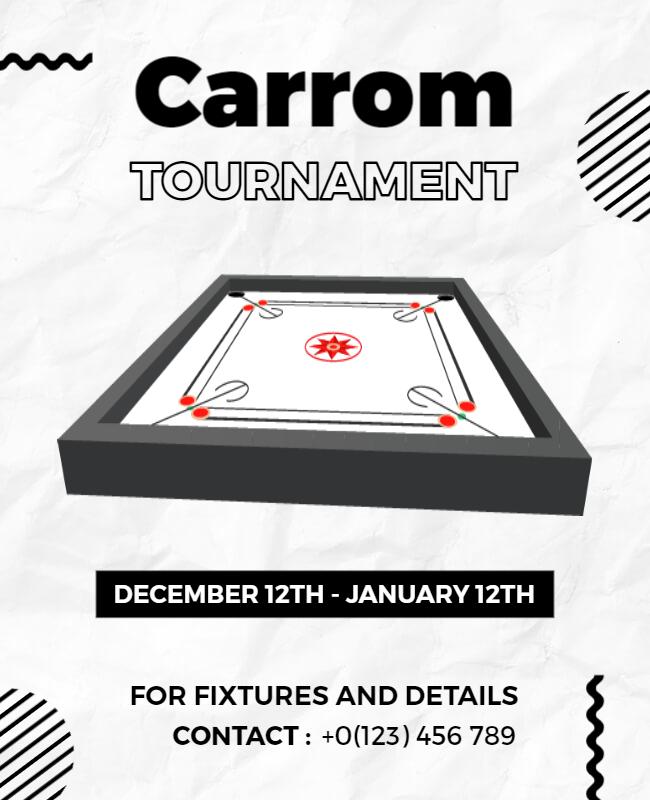 Dynamic Black and White Carrom Tournament Poster Template