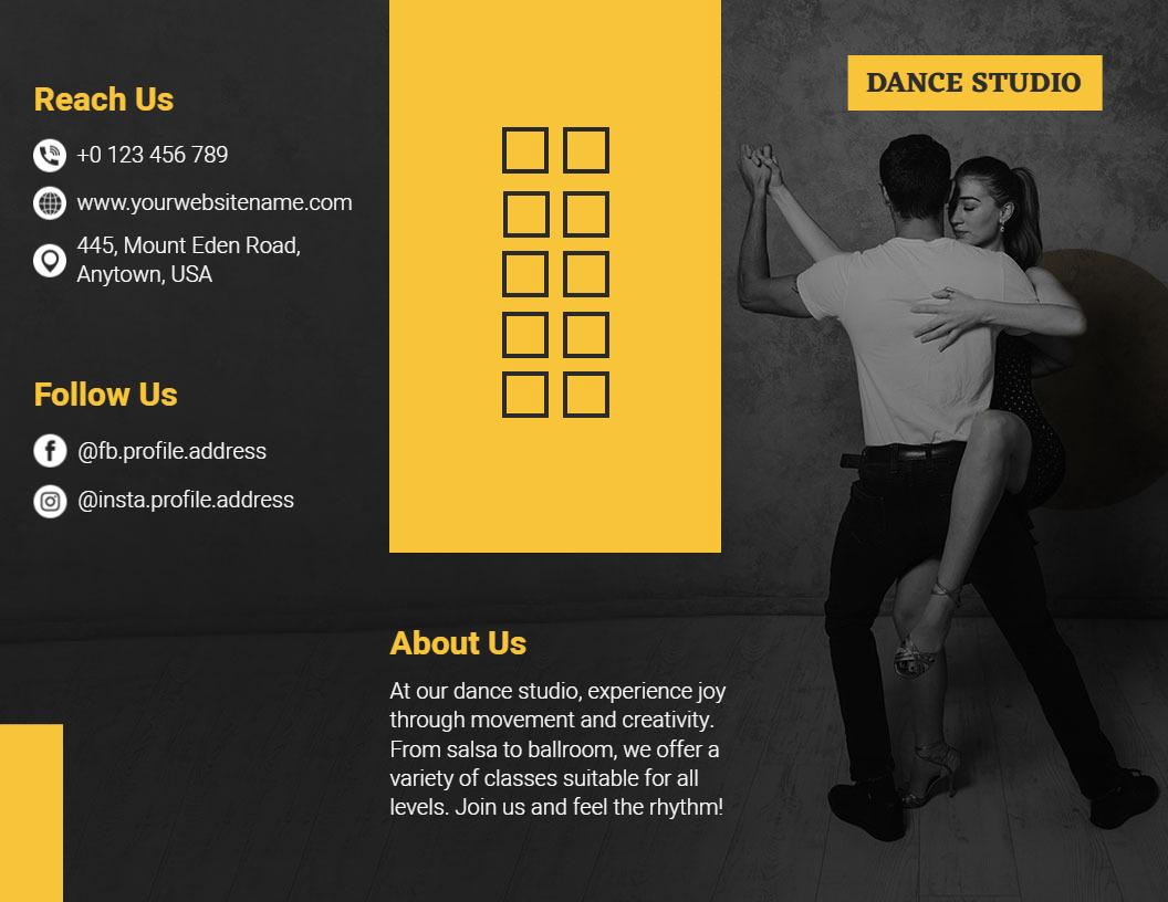 Dynamic Black and Yellow Dance Studio Class Information Brochure Template