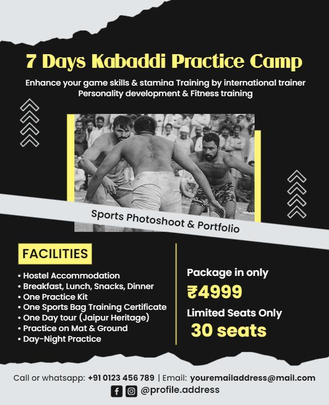 Dynamic Black and Yellow Kabaddi Practice Camp Poster Template