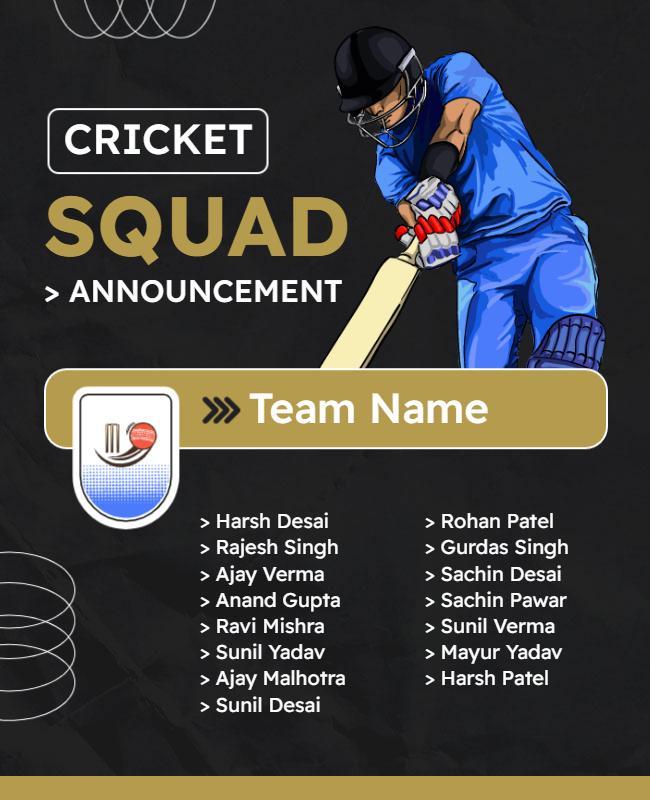 Dynamic Black Cricket Squad Announcement Poster Template