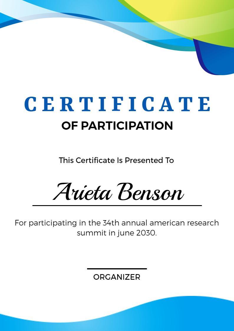 Dynamic Blue and Green Waves Participation Certificate Template