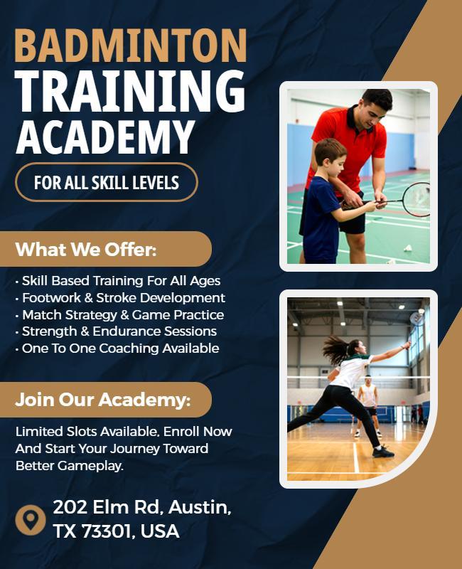Dynamic Blue Badminton Training Academy Registration Flyer Template