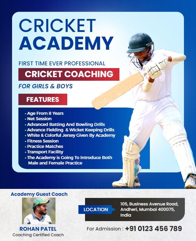 Dynamic Blue Cricket Academy Coaching Program Poster Template