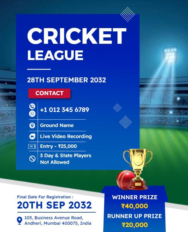 Dynamic Blue Cricket League Tournament Poster Template