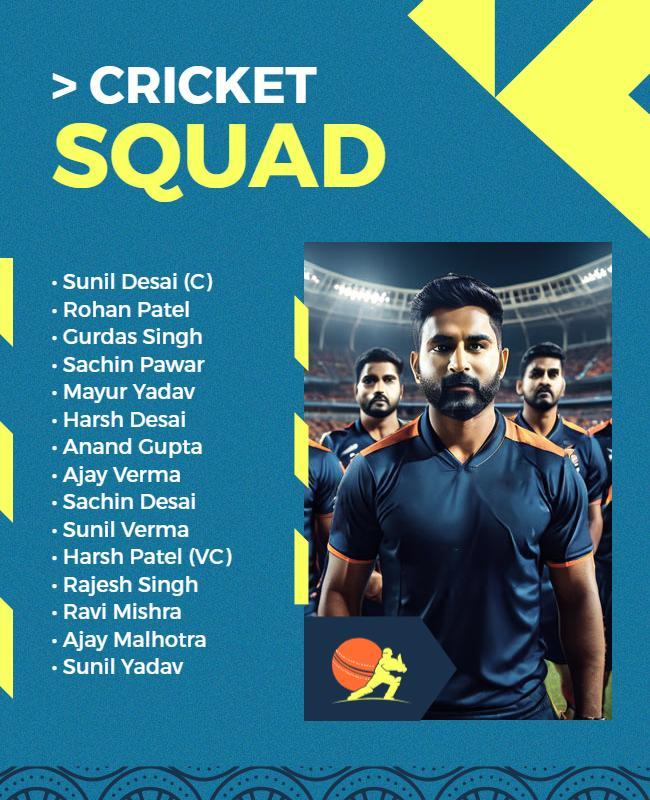 Dynamic Blue Cricket Squad Announcement Poster Template