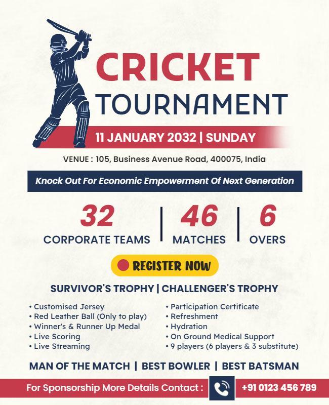 Dynamic Blue Cricket Tournament Event Poster Template