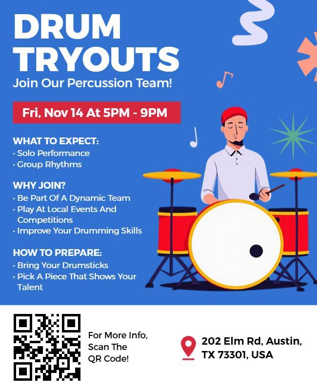Dynamic Blue Drum Tryouts Flyer Template