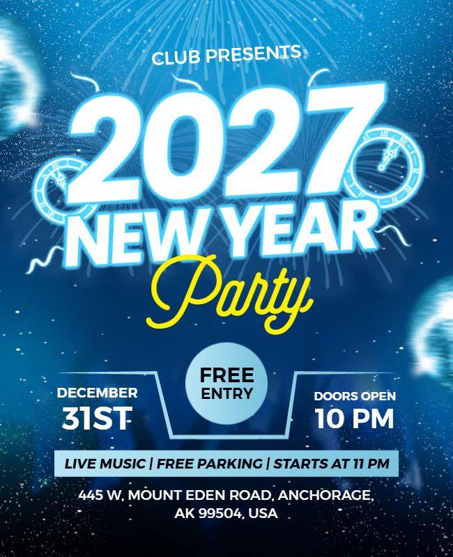 Dynamic Blue Fireworks 2027 New Year Bash Flyer Template