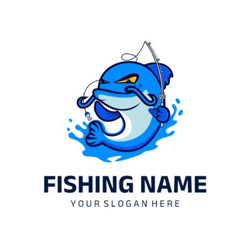 Dynamic Blue Fish Character Engaging in Fishing Logo Template