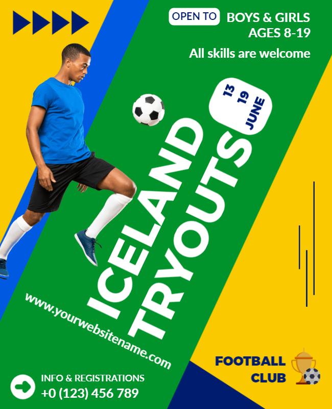 Dynamic Blue Football Tryouts Event Poster Template