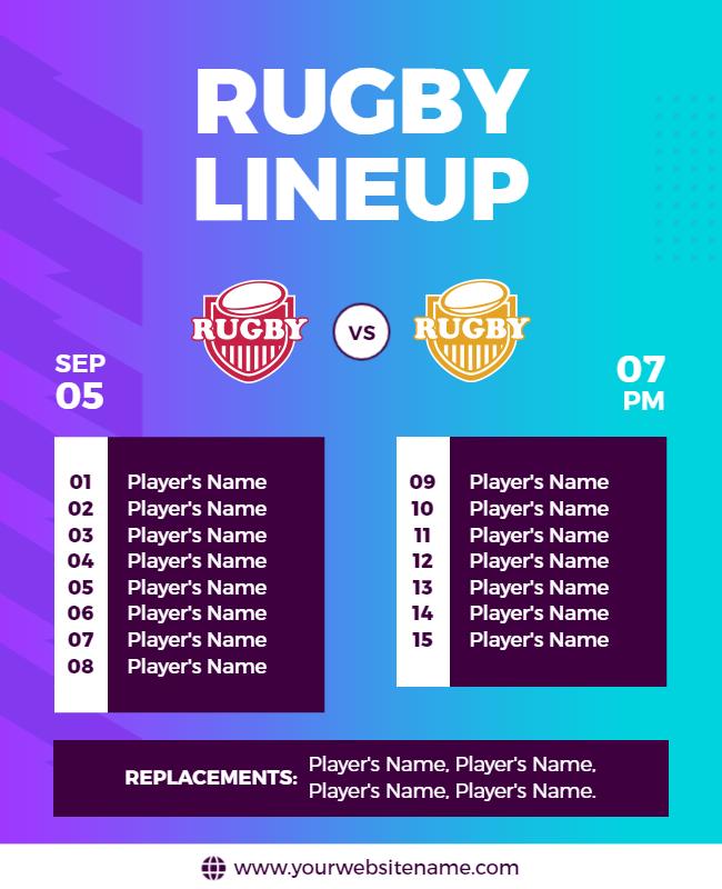 Dynamic Blue Gradient Rugby Lineup Event Poster Template