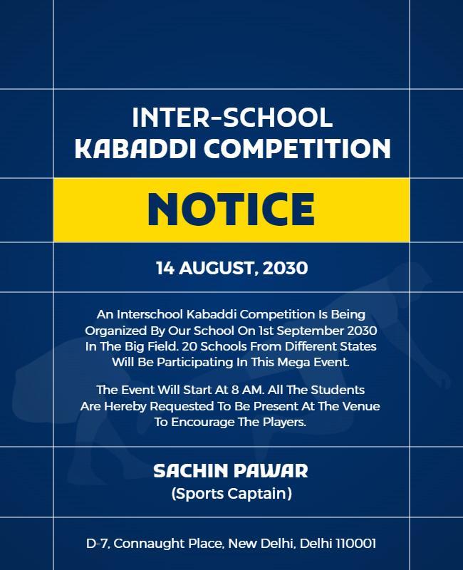 Dynamic Blue Inter-School Kabaddi Competition Notice Poster Template
