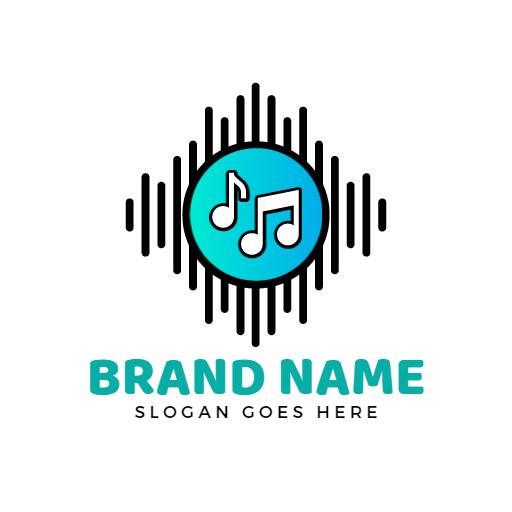 Dynamic Blue Music Logo with Notes and Sound Waves Logo Template