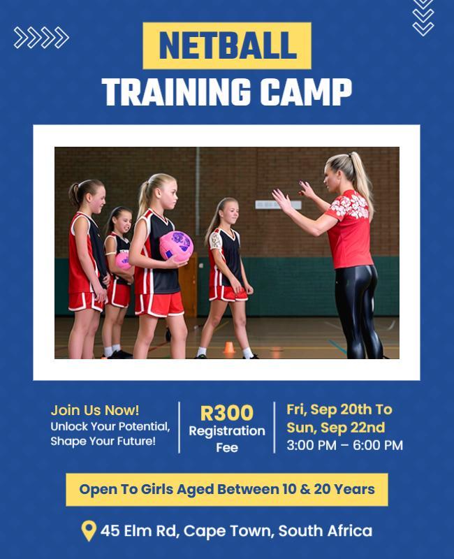 Dynamic Blue Netball Training Camp for Young Athletes Poster Template