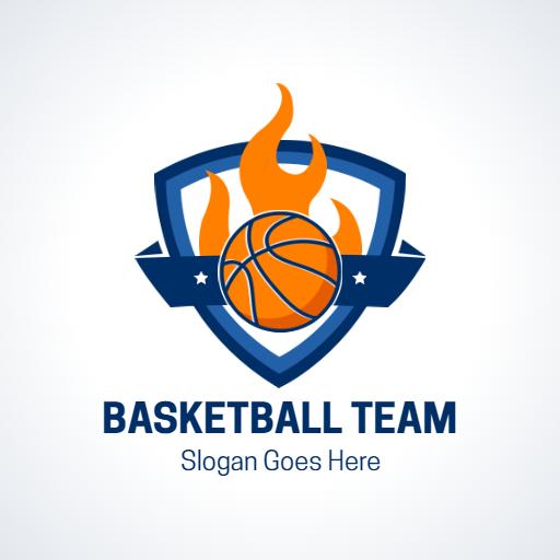 Dynamic Blue Shield with Flames and Basketball Team Logo Template