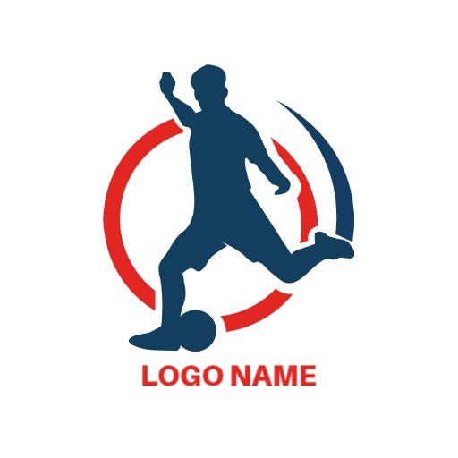 Dynamic Blue Soccer Player Kicking Ball in Motion Logo Template