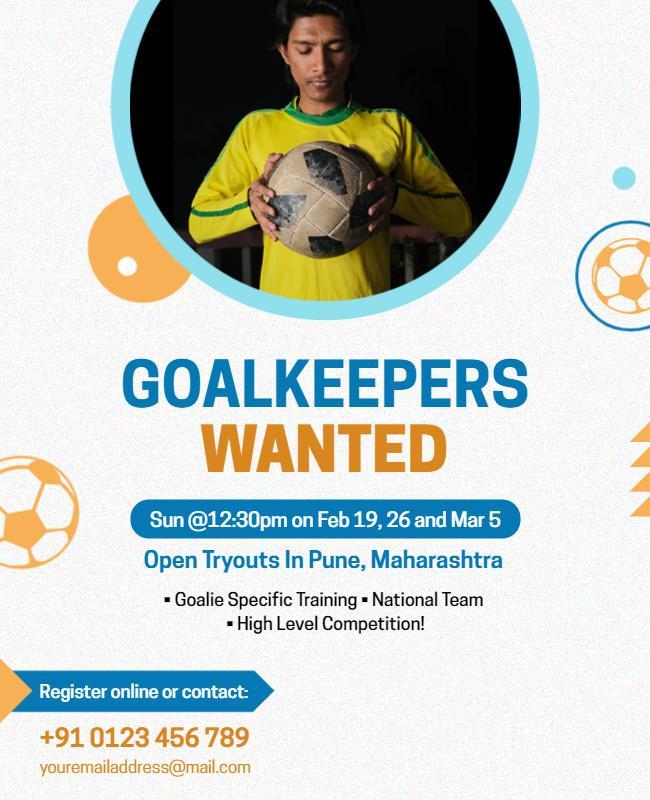 Dynamic Blue Soccer Tryouts for Goalkeepers Poster Template