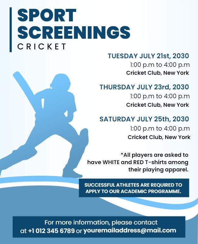 Dynamic Blue Sports Screening Cricket Event Poster Template