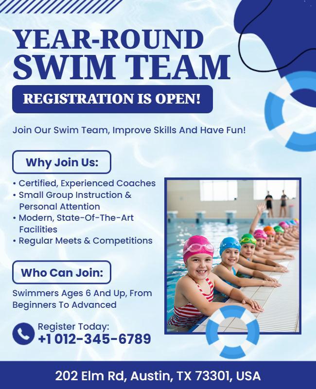 Dynamic Blue Swim Team Recruitment Registration Flyer Template