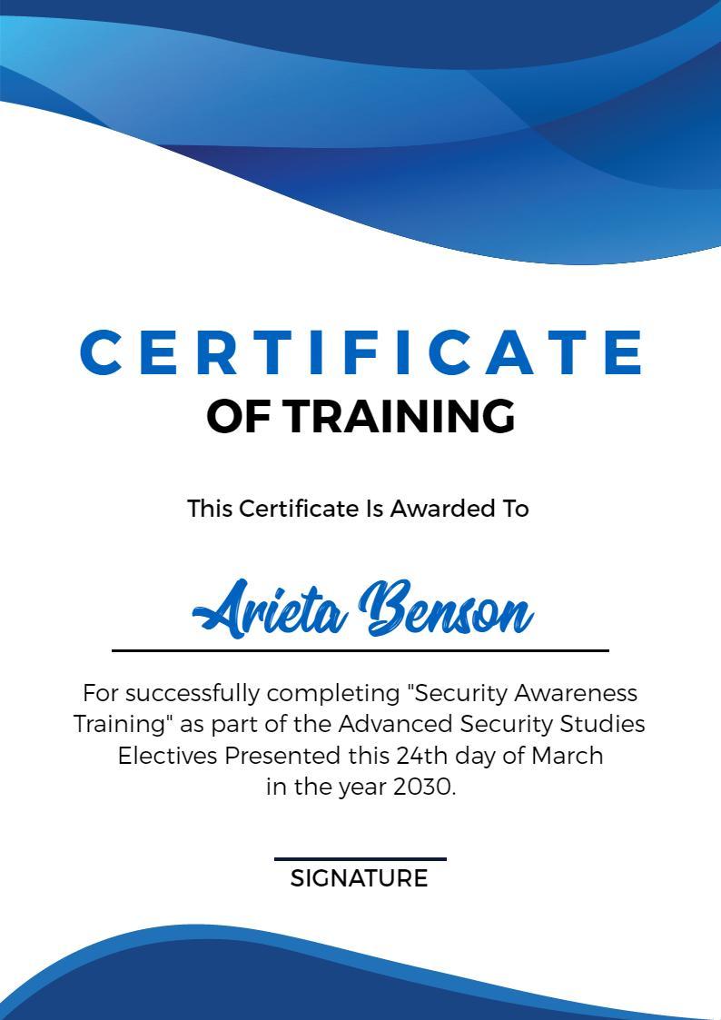 Dynamic Blue Wave Design for Security Awareness Training Certificate Template