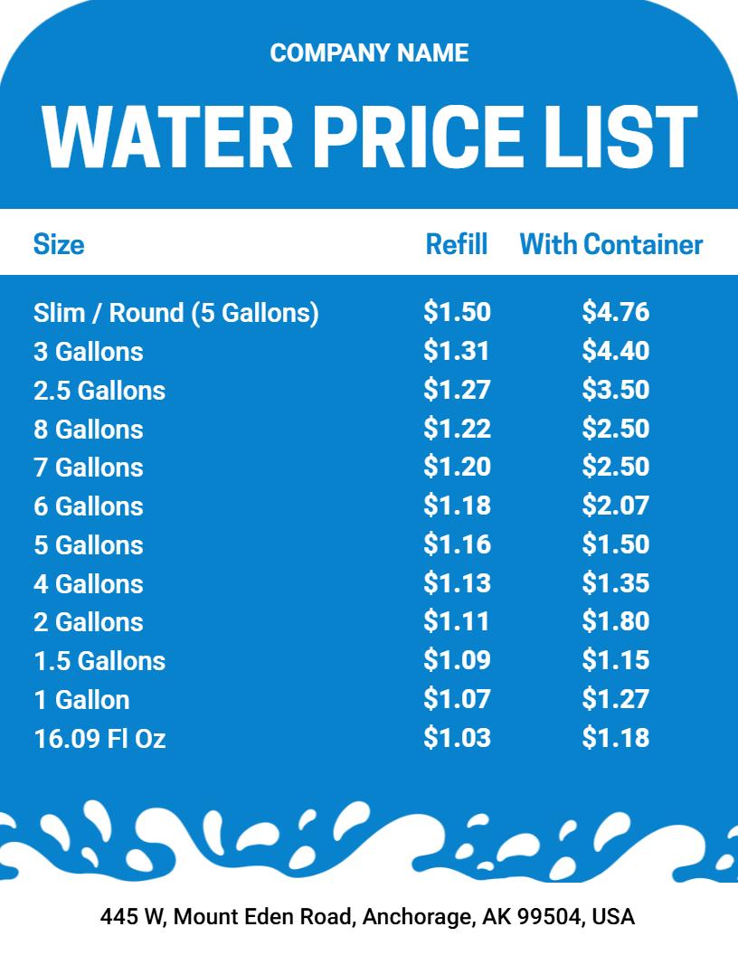 Dynamic Blue Wave Styled Water Container Price List Template
