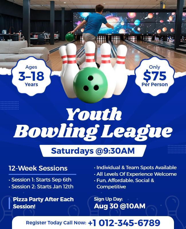 Dynamic Blue Youth Bowling Tournament Registration Flyer Template