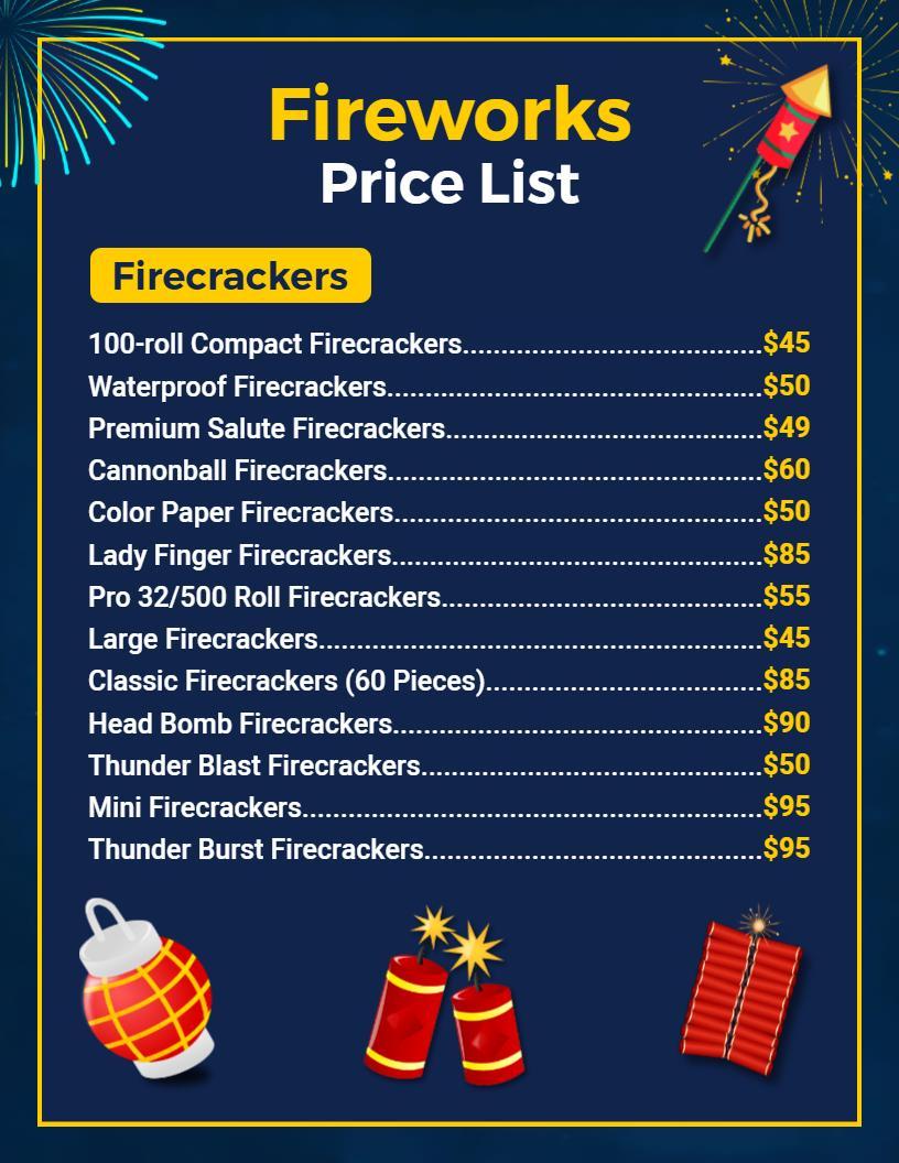 Dynamic Firework Elements Party Price List Template