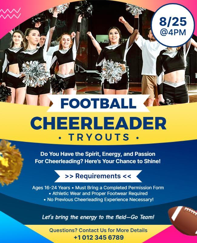 Dynamic Football Cheerleader Tryouts Registration Poster Template